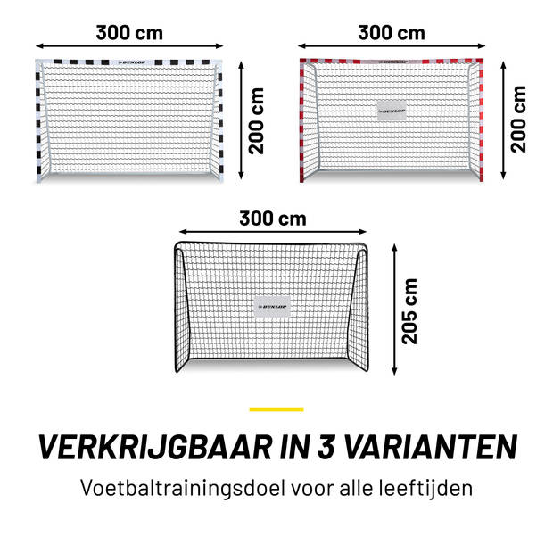 Dunlop Voetbaldoel - 300 x 90 x 200 CM - Metaal - Voetbaltrainingsmateriaal - Makkelijke Montage - Zwart / Wit