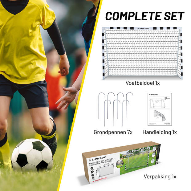 Dunlop Voetbaldoel - 300 x 90 x 200 CM - Metaal - Voetbaltrainingsmateriaal - Makkelijke Montage - Zwart / Wit