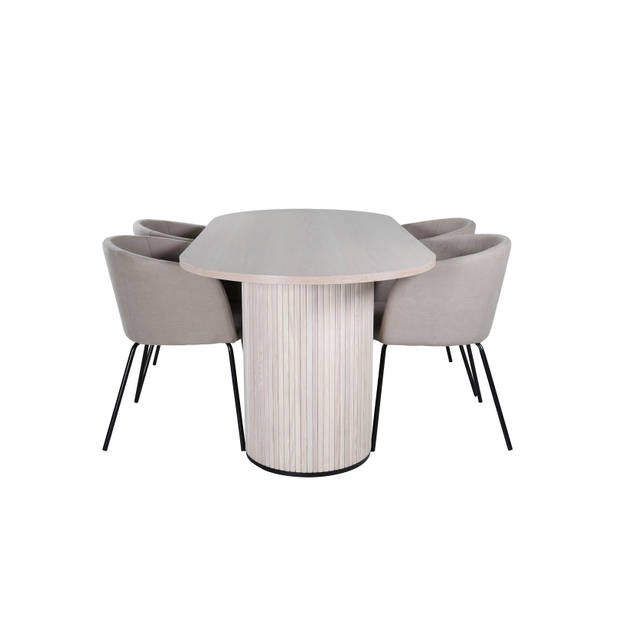 BiancaWW eethoek eetkamertafel eik fineer wit washed en 4 Berit eetkamerstal beige.