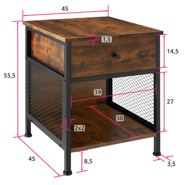 tectake - Nachtkastje bijzettafel Killarney - 45x46x55,5cm - industrieel - donkerbruin - 404730