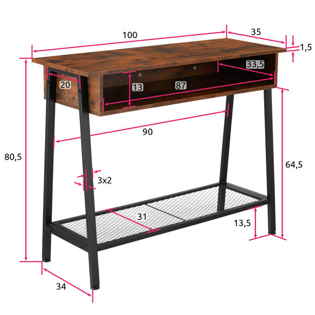 tectake - Sidetable consoletafel Tralee - 100x35x80,5cm - industrieel - donkerbruin - 404720