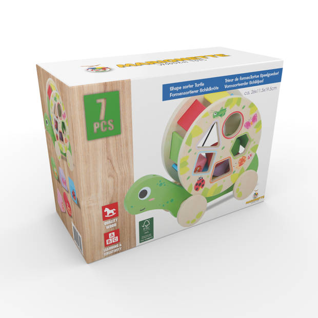 Marionette Wooden Toys Vormenstoof Schildpad - Met Wieltjes - 5 Blokken - Houten Speelgoed