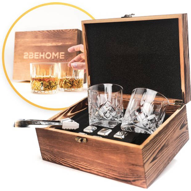 2BEHOME Whiskey set met 2 whiskey glazen en 6 whiskey stones / stenen - Inclusief luxe houten opbergdoos