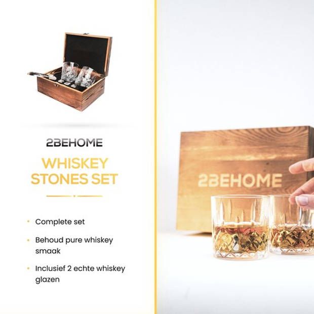 2BEHOME Whiskey set met 2 whiskey glazen en 6 whiskey stones / stenen - Inclusief luxe houten opbergdoos