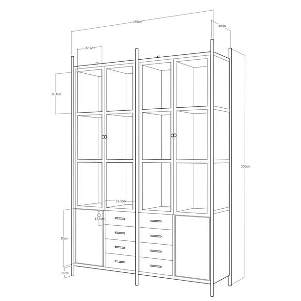 Giga Meubel - Vitrinekast Zwart - Metaal - 140x40x200cm - Kast Fik