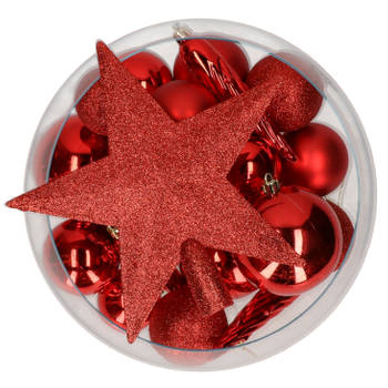 Kerstballen set - 33x stuks - rood - kunststof - met piek - Kerstbal