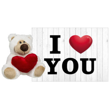 Pluche knuffel Valentijn rode hartjes beertje 15 cm met hartjes wenskaart - Knuffelberen
