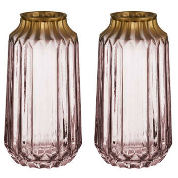 Bloemenvazen 2x stuks - luxe deco glas - roze transparant/goud - 13 x 23 cm - Vazen