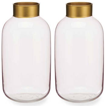 Bloemenvazen 2x stuks - luxe decoratie glas - roze transparant/goud - 14 x 30 cm - Vazen