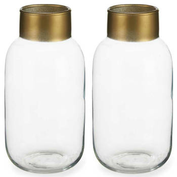 Bloemenvazen 2x stuks - luxe decoratie glas - transparant/goud - 14 x 30 cm - Vazen