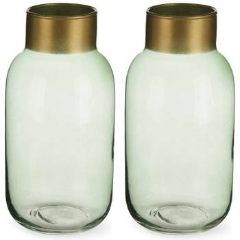 Bloemenvazen 2x stuks - luxe decoratie glas - groen/goud - 14 x 30 cm - Vazen