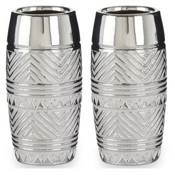 Bloemenvazen 2x stuks - zilver met modern luxe motief - 11 x 23 cm - keramiek - Vazen