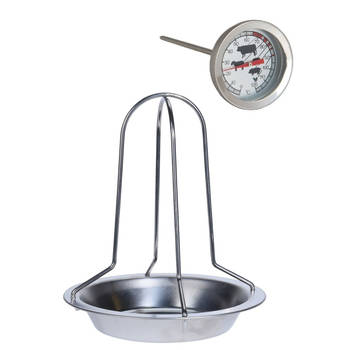 RVS kiprooster/kiphouder/kippenrooster voor de barbecue/BBQ/oven 20 cm met vleesthermometer - barbecueroosters