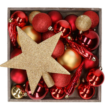 Bellatio decorations set 33x stuks kunststof kerstballen en ster piek rood/goud - Kerstbal