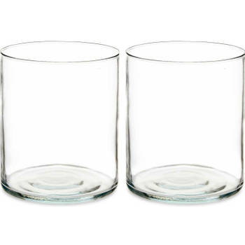 Bloemenvazen 2x stuks - cilinder vorm - transparant glas - 17 x 20 cm - Vazen
