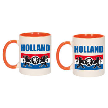 2x stuks mok/ beker wit en oranje Holland met vlag en leeuw 300 ml - feest mokken