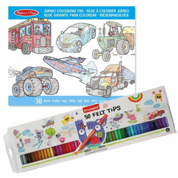 Teken/kleur boek met 50 paginas van voertuigen met 50 Bruynzeel viltstiften - Kleurboeken