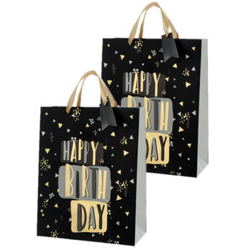 Set van 4x stuks papieren verjaardag giftbags/cadeau tasjes Happy Birthday zwart 25 x 32 x 12 cm - cadeautasjes