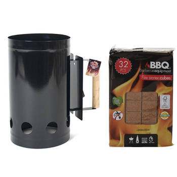 BBQ/Barbecue briketten starter zwart met 32x BBQ aanmaakblokjes - Barbecuegereedschapset