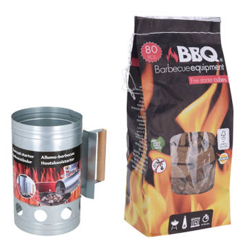 BBQ briketten/houtskool starter met houten handvat 27 cm met 80x BBQ aanmaakblokjes - Brikettenstarters