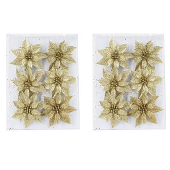 24x stuks decoratie bloemen rozen goud glitter op ijzerdraad 8 cm - Kersthangers