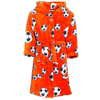 Badjas/ochtendjas oranje fleece voetbal print voor kinderen. 110/116 (5-6 jr) - Badjassen