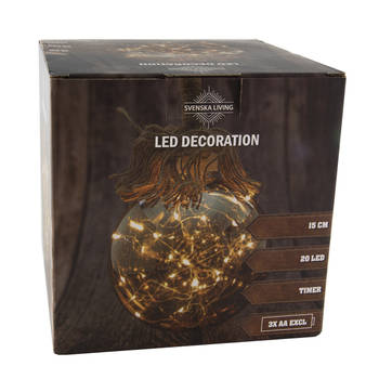 Verlichte glazen kerstbal aan touw met 20 lampjes smoky 15 cm met timer - kerstverlichting figuur