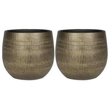 2x stuks plantenpotten/bloempotten in een strakke Modern design look metal goud Dia 26 cm en Hoogte - Plantenpotten