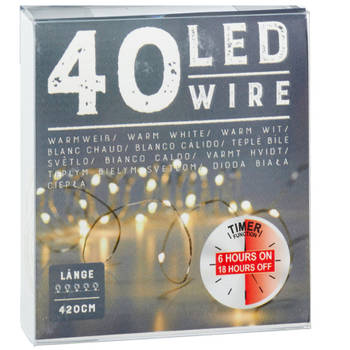 Draadverlichting lichtsnoer met 40 lampjes warm wit op batterij 240 cm met timer - Lichtsnoeren