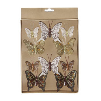 10x stuks decoratie vlinders op clip bruin/goud diverse maten - Kersthangers