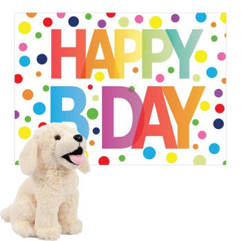 Pluche dieren knuffel labrador hond 20 cm met Happy Birthday wenskaart - Knuffel huisdieren