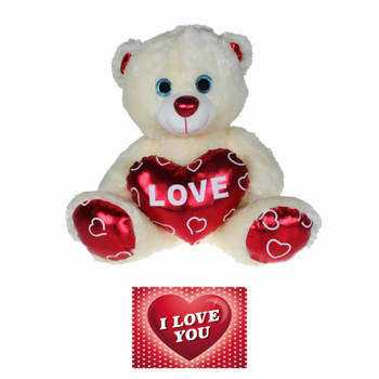 Pluche knuffelbeer 80 cm met wit/rood Valentijn Love hartje incl. hartjes wenskaart - Knuffelberen