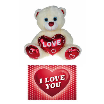 Pluche knuffelbeer 25 cm met wit/rood Valentijn Love hartje incl. hartjes wenskaart - Knuffelberen