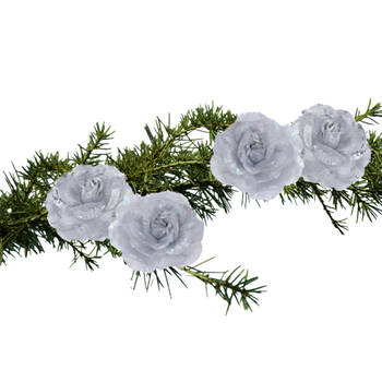 4x stuks kerstboom decoratie bloemen rozen zilver op clip 9 cm - Kersthangers