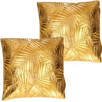 2x Bank/sier kussens voor binnen palmen print Oker goud 40 x 40 x 11 cm - Sierkussens