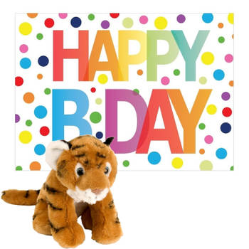 Pluche dieren knuffel tijger 20 cm met Happy Birthday wenskaart - Knuffeldier