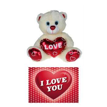 Pluche knuffelbeer 20 cm met wit/rood Valentijn Love hartje incl. hartjes wenskaart - Knuffelberen