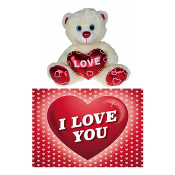 Pluche knuffelbeer 15 cm met wit/rood Valentijn Love hartje incl. hartjes wenskaart - Knuffelberen