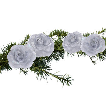 4x stuks decoratie bloemen rozen zilver op clip 9 cm - Kunstbloemen
