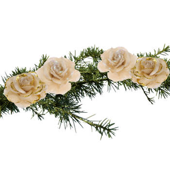 4x stuks decoratie bloemen rozen goud op clip 9 cm - Kunstbloemen