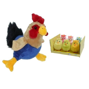 Pluche kippen/hanen knuffel van 20 cm met 6x stuks mini gekleurde kuikentjes met bloem 6,5 cm - Feestdecoratievoorwerp