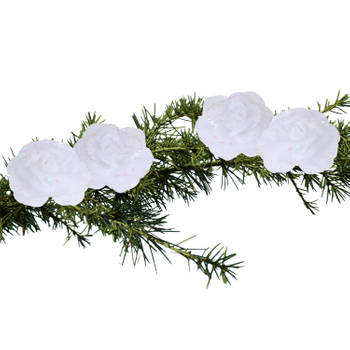 4x stuks decoratie bloemen rozen wit op clip 9 cm - Kunstbloemen