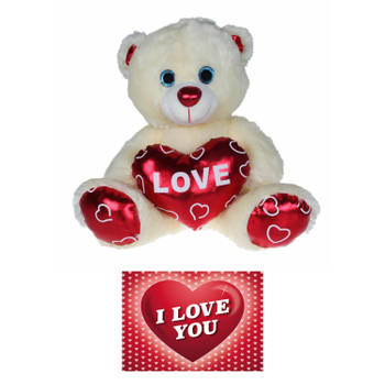Pluche knuffelbeer 60 cm met wit/rood Valentijn Love hartje incl. hartjes wenskaart - Knuffelberen