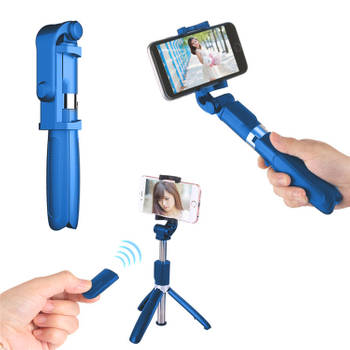 Selfie Stick Tripod - Statief Smartphone - Universeel - Bluetooth - Blauw - Incl. Afstandsbediening! (3 in 1)