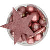 Bellatio Decorations set 33x stuks kunststof kerstballen met ster piek oud roze - Kerstbal