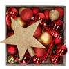Bellatio decorations set 33x stuks kunststof kerstballen en ster piek rood/goud - Kerstbal