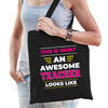 Awesome teacher / geweldige juf katoenen tas - zwart - 42 x 38 cm - Feest Boodschappentassen