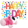 Pluche dieren knuffel flamingo 18 cm met Happy Birthday wenskaart - Vogel knuffels
