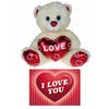 Pluche knuffelbeer 30 cm met wit/rood Valentijn Love hartje incl. hartjes wenskaart - Knuffelberen