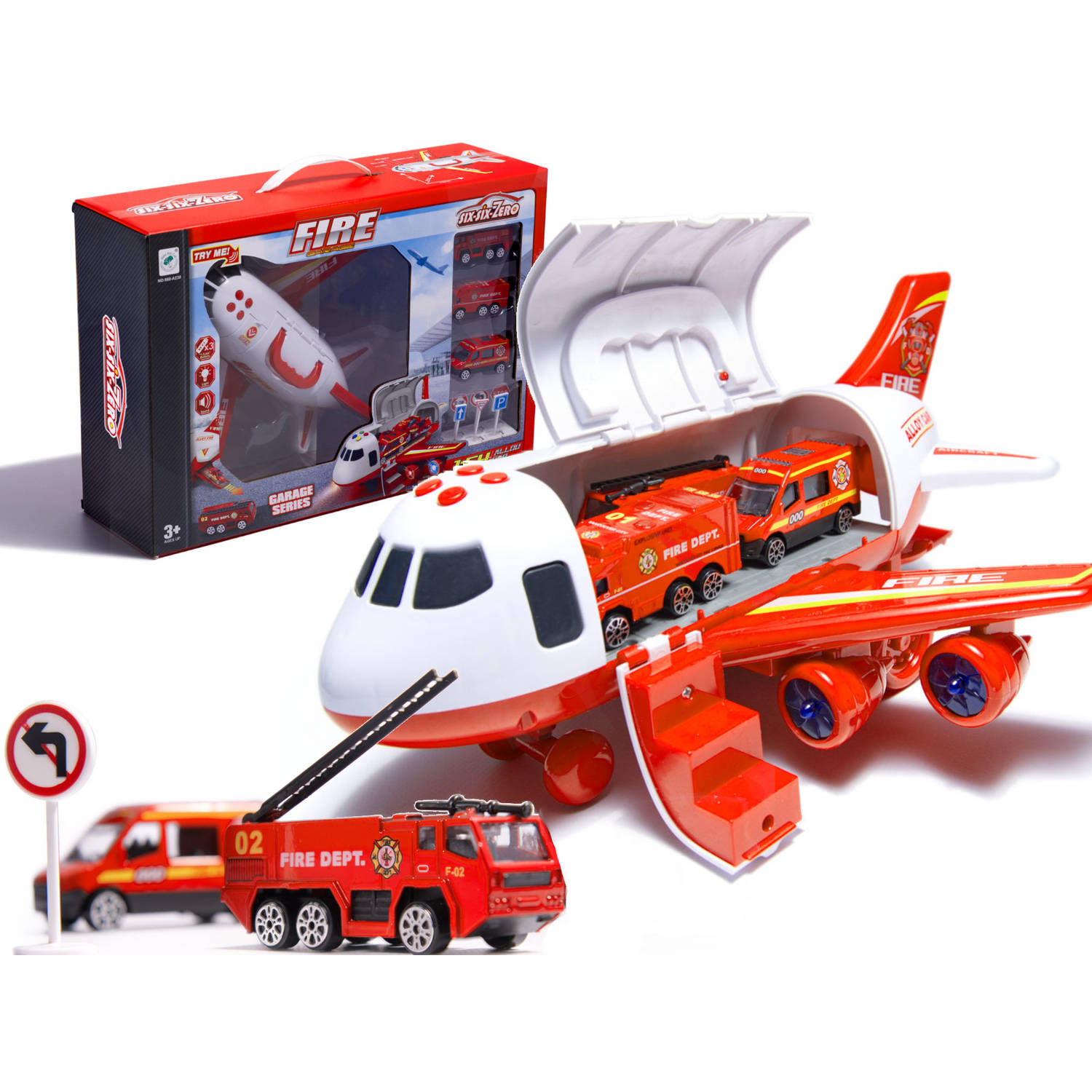 Plateau Technologie Ellendig Speelgoed vliegtuig met licht en geluid + 3 brandweer voertuigen | Blokker